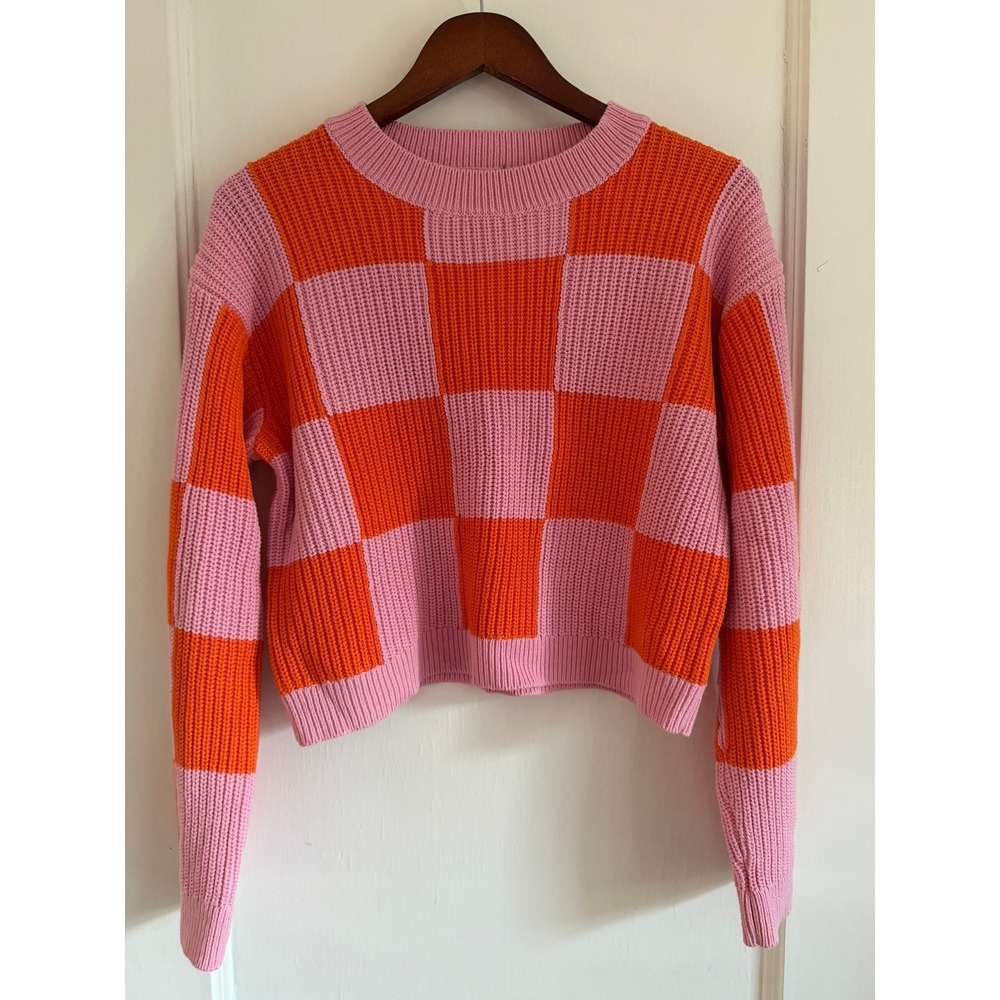 Grey Lab Sweater Womens M Pink Orange Checkered Cropped Knit Crew Neck